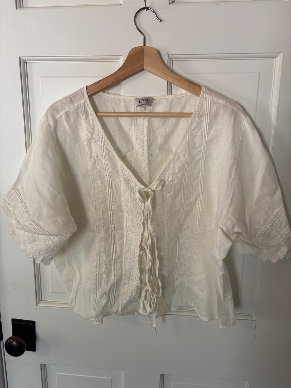 AYR Cream Eyelet Tie-Front Peasant Blouse